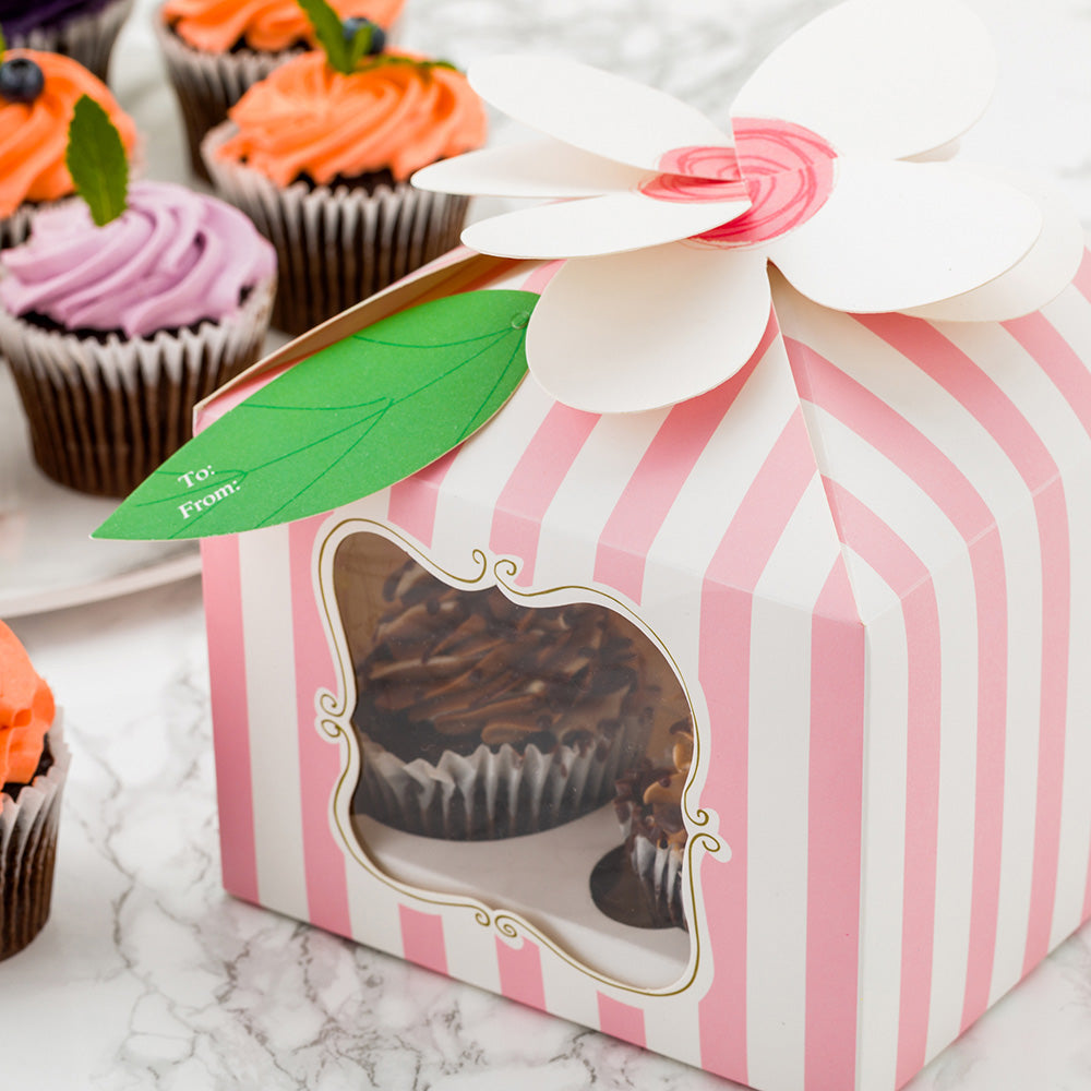 Pastry Tek Pink Paper Flower Top Cupcake Window Gift Box - Stripes, Fits 4 - 7" x 7" x 5" - 100 count box