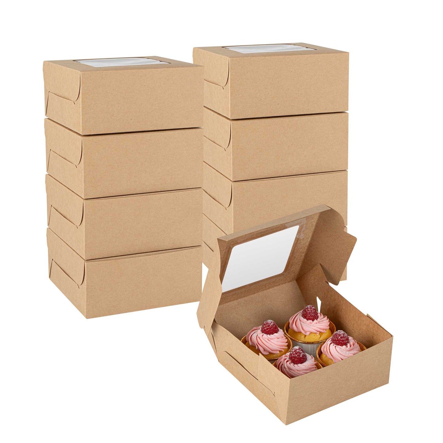 Cafe Vision Square Kraft Cupcake Window Box - Fits 4 - 6 1/4" x 6 1/4" x 3" - 100 count box