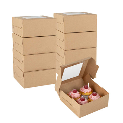 Cafe Vision Square Kraft Cupcake Window Box - Fits 4 - 6 1/4" x 6 1/4" x 3" - 100 count box
