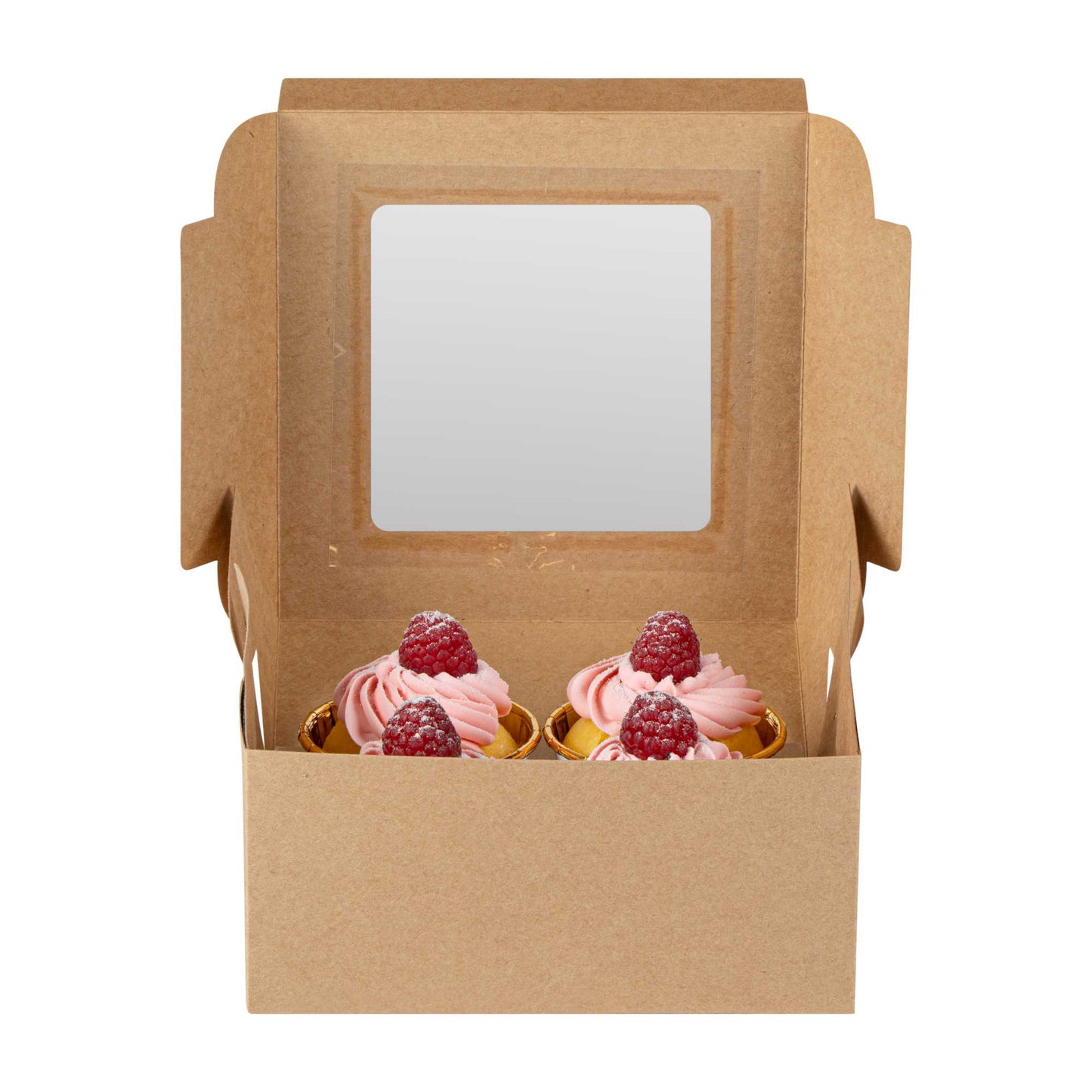 Cafe Vision Square Kraft Cupcake Window Box - Fits 4 - 6 1/4" x 6 1/4" x 3" - 100 count box