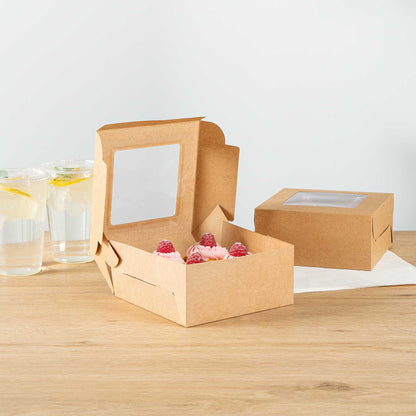 Cafe Vision Square Kraft Cupcake Window Box - Fits 4 - 6 1/4" x 6 1/4" x 3" - 100 count box