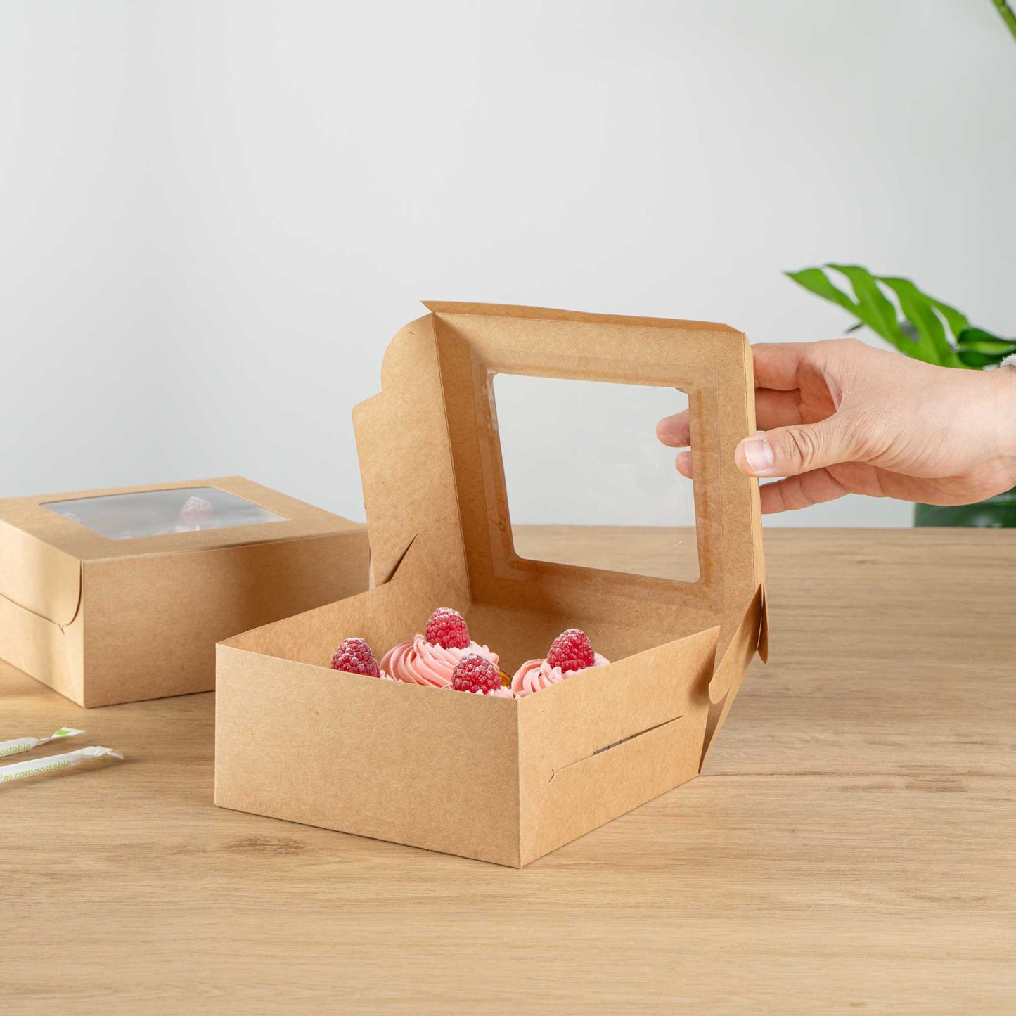 Cafe Vision Square Kraft Cupcake Window Box - Fits 4 - 6 1/4" x 6 1/4" x 3" - 100 count box