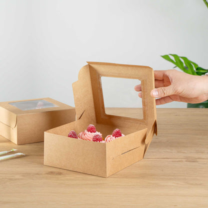 Cafe Vision Square Kraft Cupcake Window Box - Fits 4 - 6 1/4" x 6 1/4" x 3" - 100 count box