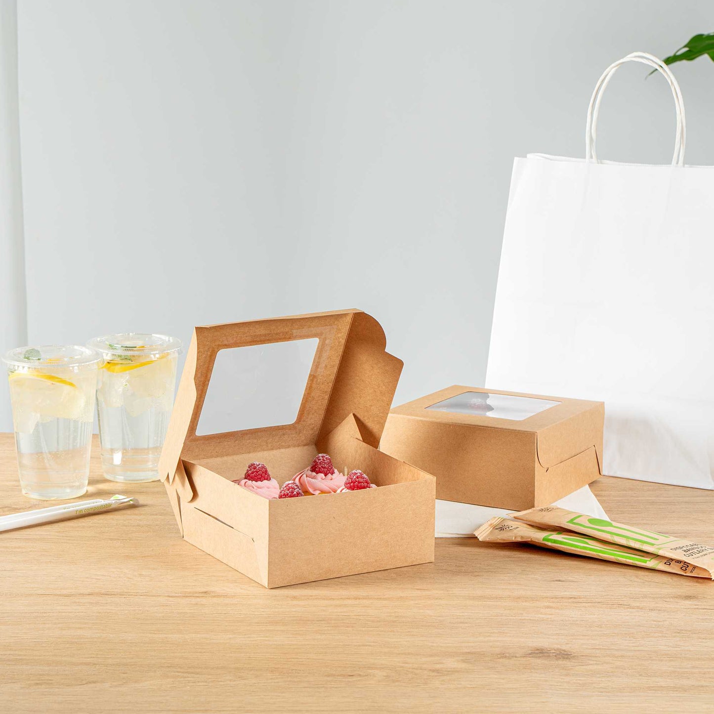 Cafe Vision Square Kraft Cupcake Window Box - Fits 4 - 6 1/4" x 6 1/4" x 3" - 100 count box