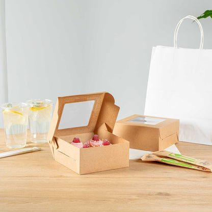 Cafe Vision Square Kraft Cupcake Window Box - Fits 4 - 6 1/4" x 6 1/4" x 3" - 100 count box