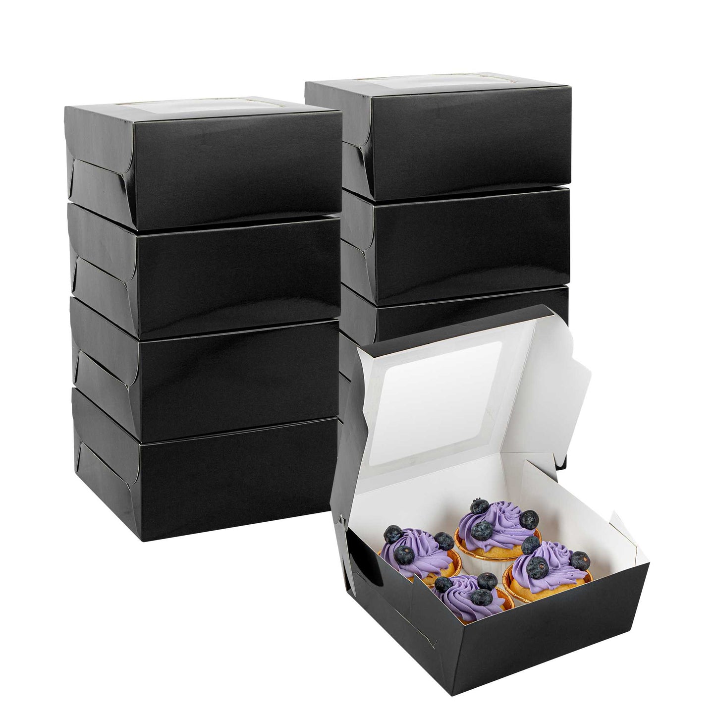 Cafe Vision Square Black Cupcake Window Box - Fits 4 - 6 1/4" x 6 1/4" x 3" - 100 count box