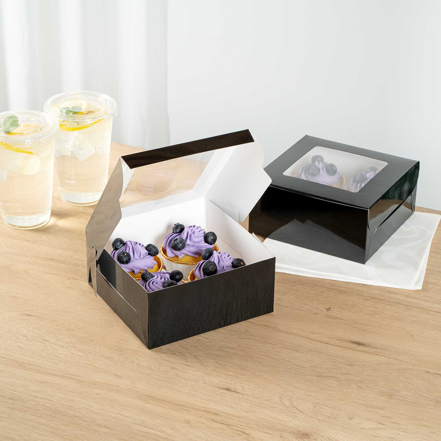 Cafe Vision Square Black Cupcake Window Box - Fits 4 - 6 1/4" x 6 1/4" x 3" - 100 count box