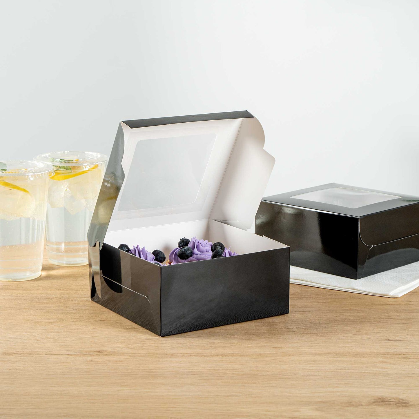 Cafe Vision Square Black Cupcake Window Box - Fits 4 - 6 1/4" x 6 1/4" x 3" - 100 count box