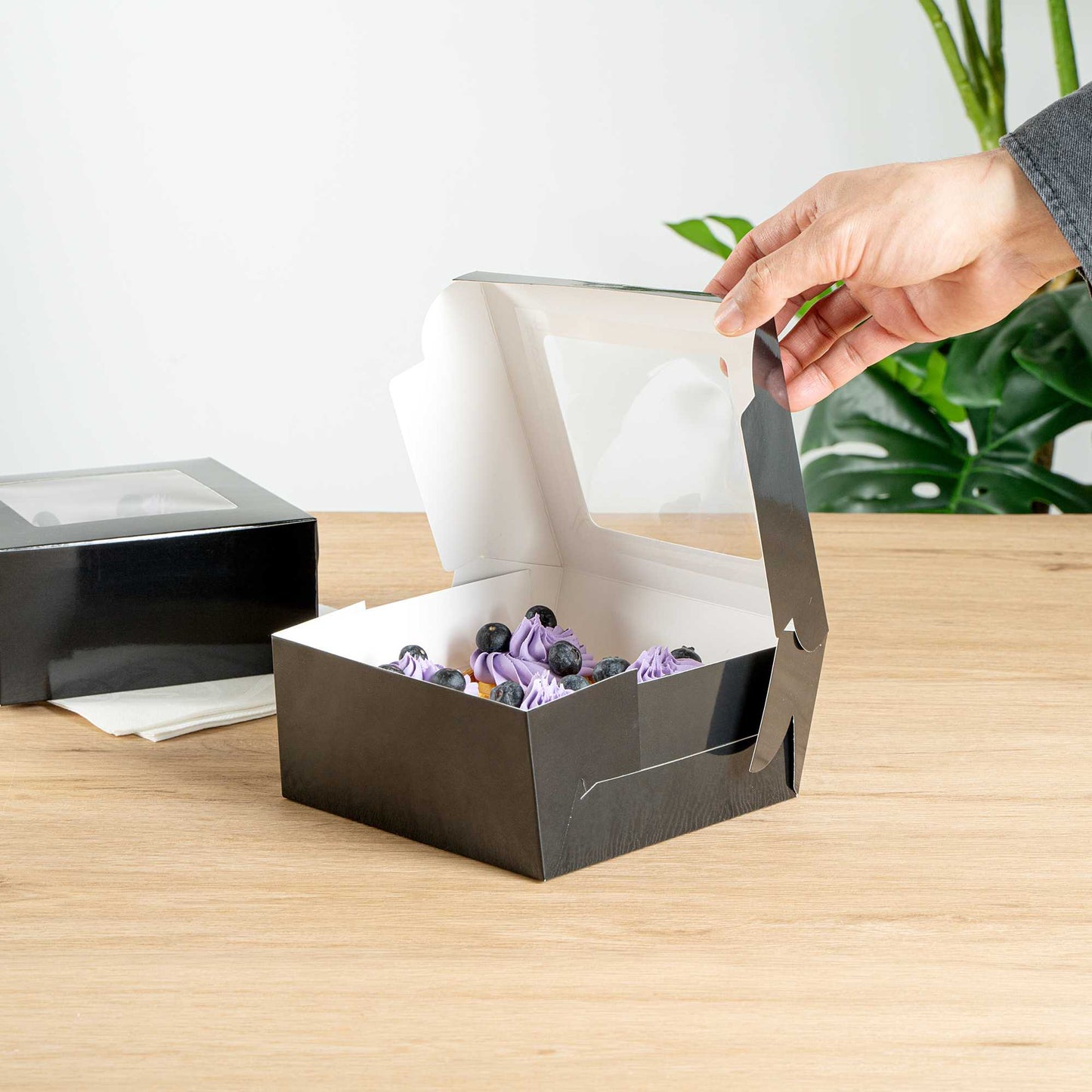 Cafe Vision Square Black Cupcake Window Box - Fits 4 - 6 1/4" x 6 1/4" x 3" - 100 count box