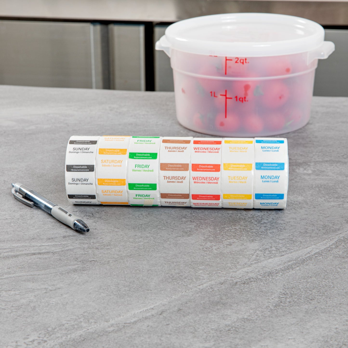 RW Smart 7-Day Weekly Food Rotation Label - Dissolvable, Trilingual - 1" x 1" - 3500 labels