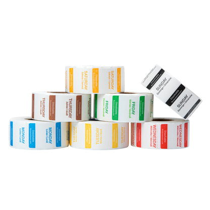 RW Smart 7-Day Weekly Food Rotation Label - Dissolvable, Trilingual - 1" x 1" - 3500 labels