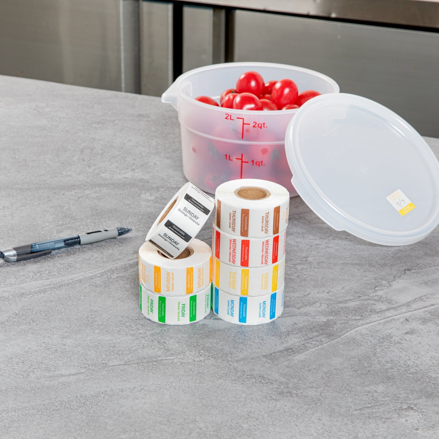 RW Smart 7-Day Weekly Food Rotation Label - Dissolvable, Trilingual - 1" x 1" - 3500 labels