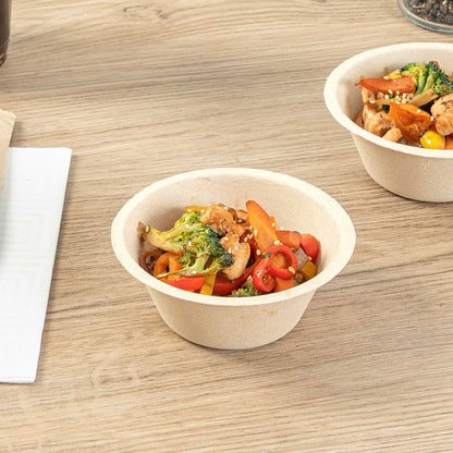 Pulp Tek 8 oz Round Natural Sugarcane / Bagasse Salad Bowl - 4 1/2" x 4 1/2" x 1 3/4" - 100 count box