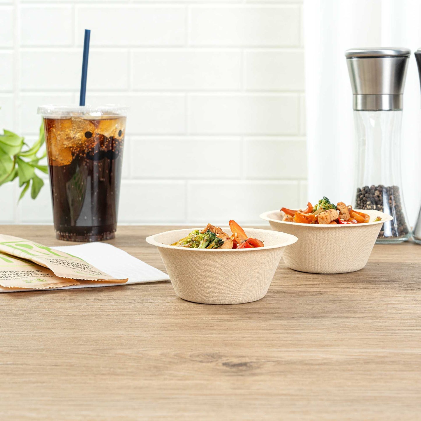 Pulp Tek 8 oz Round Natural Sugarcane / Bagasse Salad Bowl - 4 1/2" x 4 1/2" x 1 3/4" - 100 count box