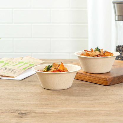 Pulp Tek 8 oz Round Natural Sugarcane / Bagasse Salad Bowl - 4 1/2" x 4 1/2" x 1 3/4" - 100 count box