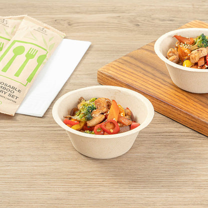 Pulp Tek 8 oz Round Natural Sugarcane / Bagasse Salad Bowl - 4 1/2" x 4 1/2" x 1 3/4" - 100 count box
