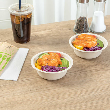 Pulp Tek 12 oz Round Natural Sugarcane / Bagasse Salad Bowl - 5 1/4" x 5 1/4" x 1 3/4" - 100 count box
