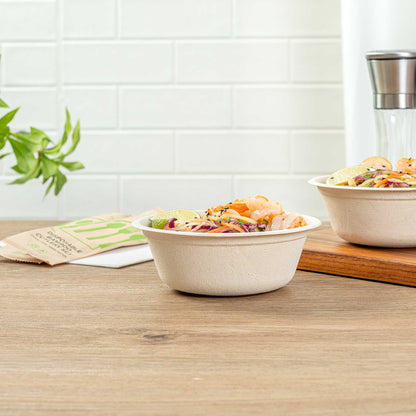 Pulp Tek 18 oz Round Natural Sugarcane / Bagasse Salad Bowl - 6 1/4" x 6 1/4" x 1 3/4" - 100 count box