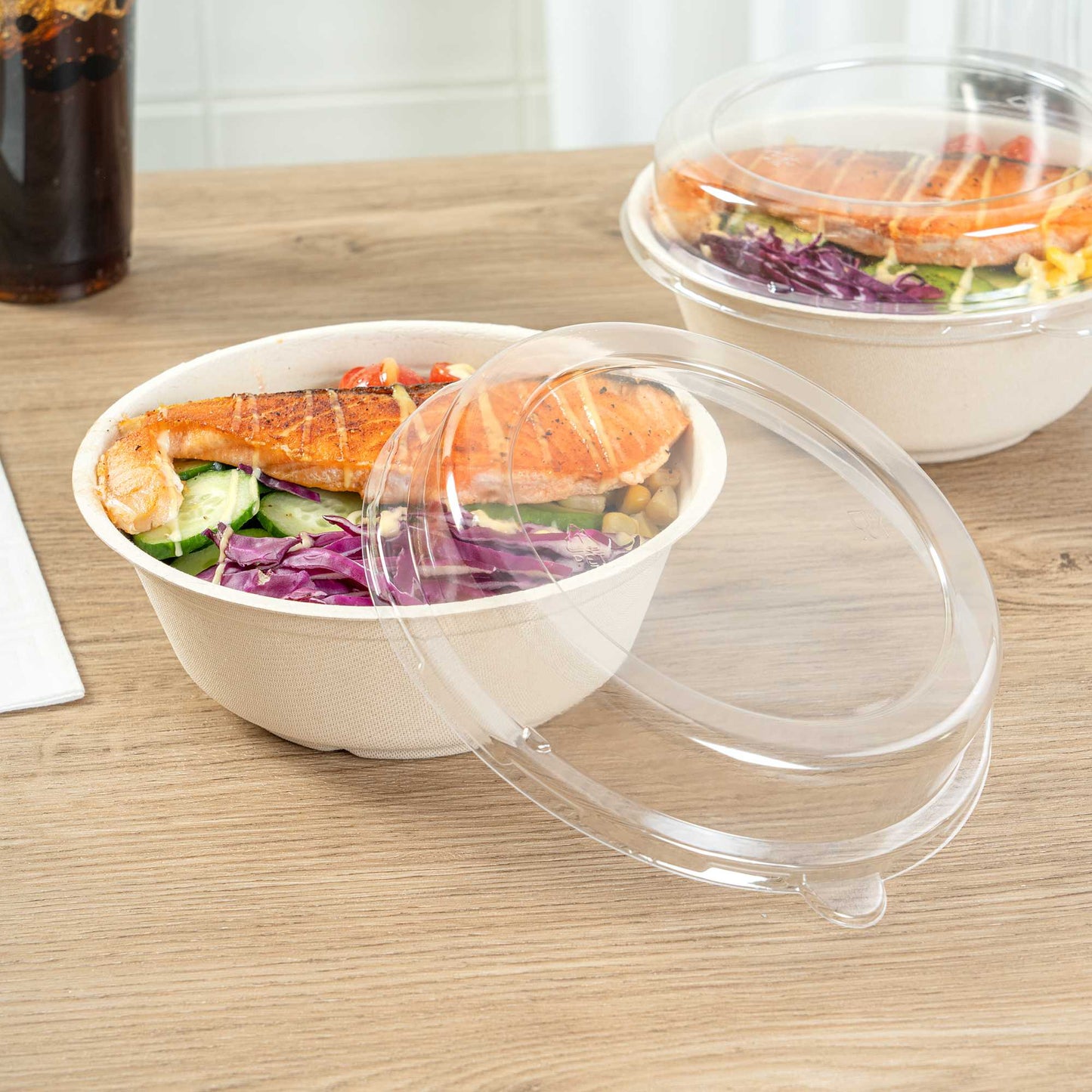 Pulp Safe Round Clear Plastic Dome Lid - Fits 32 oz Bagasse Salad Bowl - 100 count box