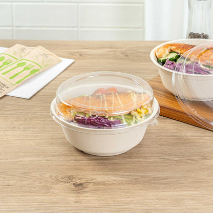 Pulp Safe Round Clear Plastic Dome Lid - Fits 32 oz Bagasse Salad Bowl - 100 count box