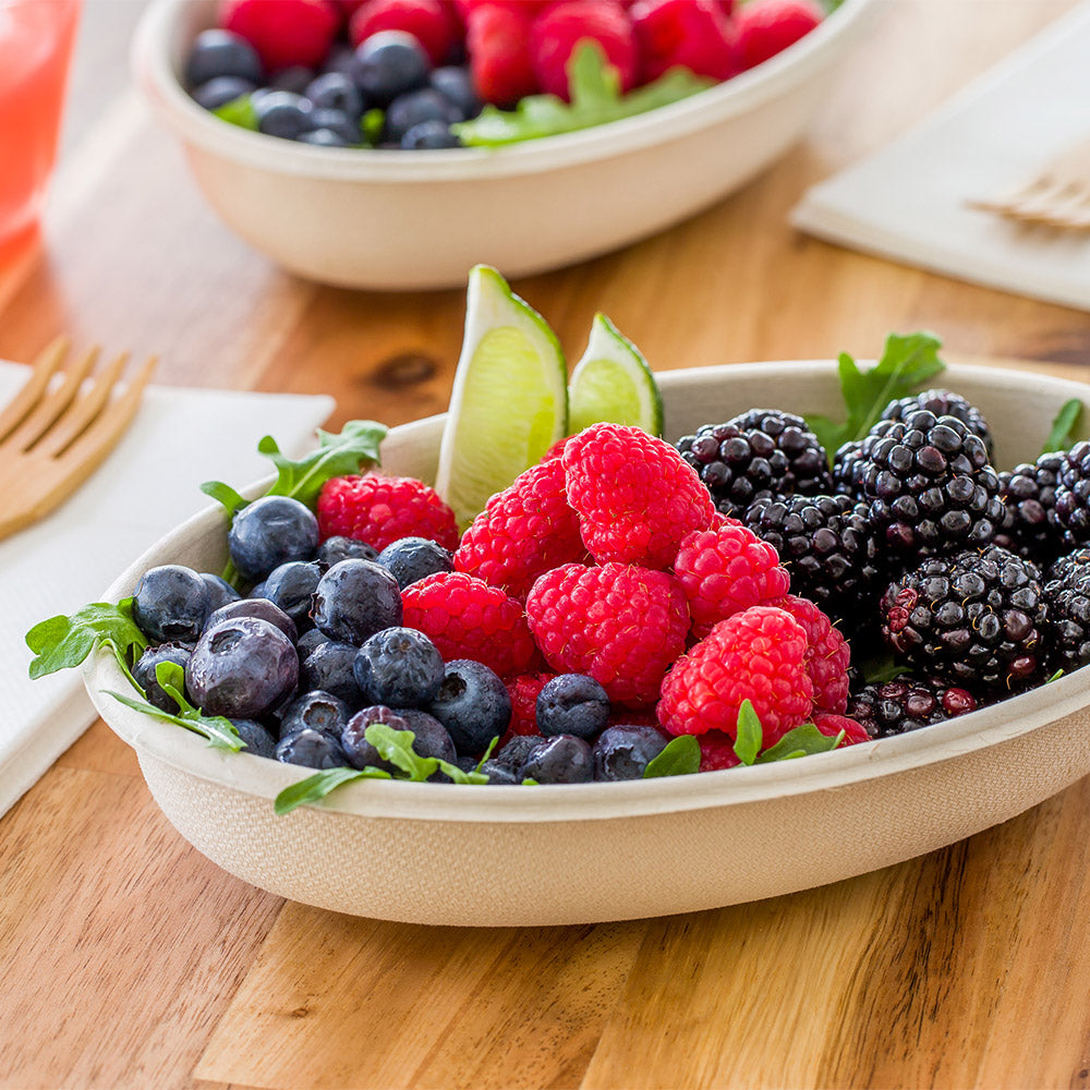 Pulp Tek 18 oz Oval Natural Sugarcane / Bagasse Salad Plate - 8" x 5 1/4" x 1 1/2" - 100 count box