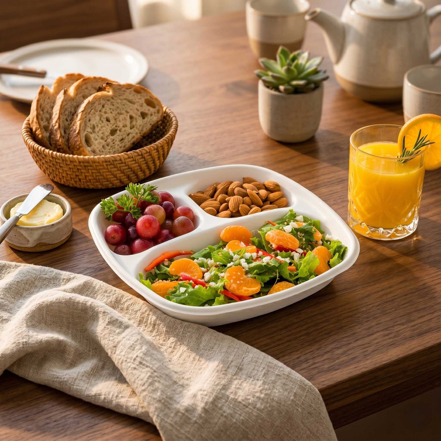 Pulp Tek 15 oz Square White Sugarcane / Bagasse Salad Plate - 3 Compartments - 8 3/4" x 8 3/4" x 1 1/4" - 100 count box