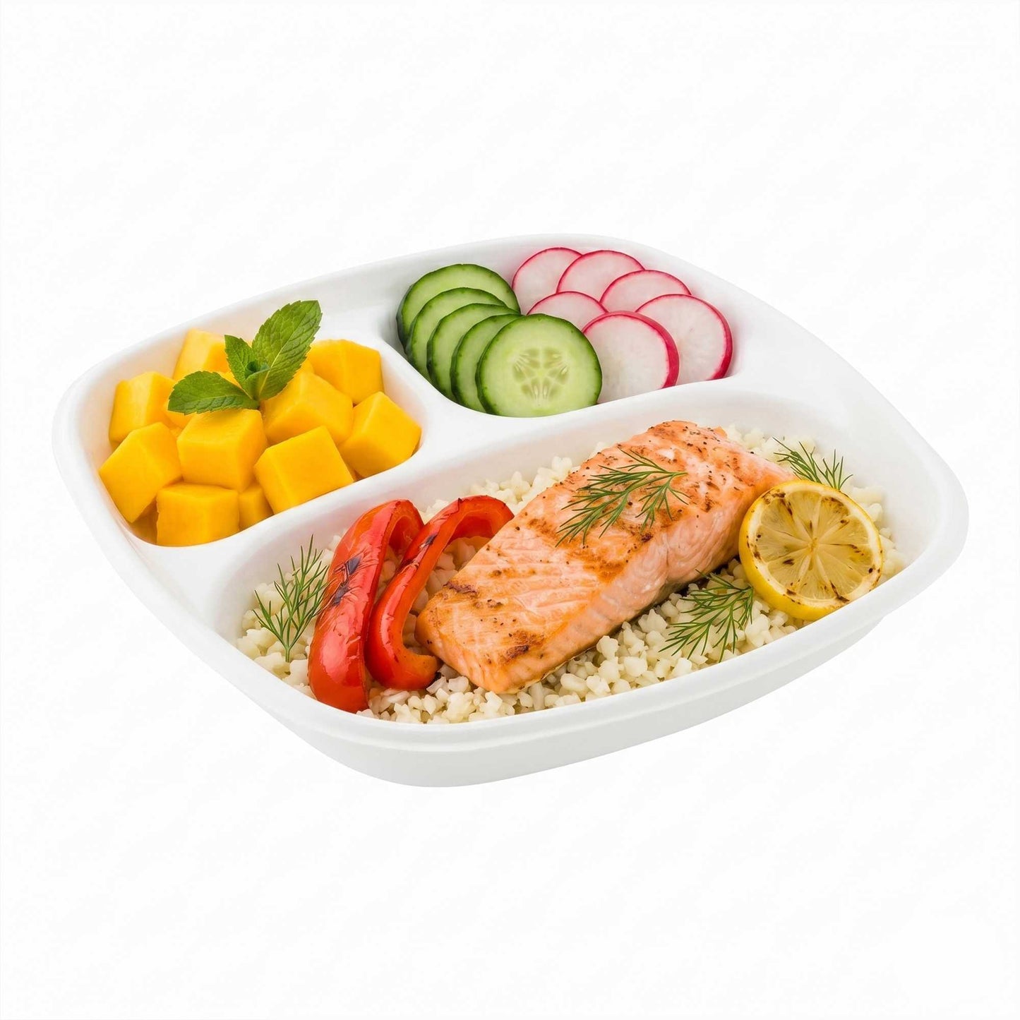 Pulp Tek 15 oz Square White Sugarcane / Bagasse Salad Plate - 3 Compartments - 8 3/4" x 8 3/4" x 1 1/4" - 100 count box