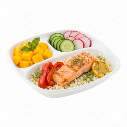 Pulp Tek 15 oz Square White Sugarcane / Bagasse Salad Plate - 3 Compartments - 8 3/4" x 8 3/4" x 1 1/4" - 100 count box