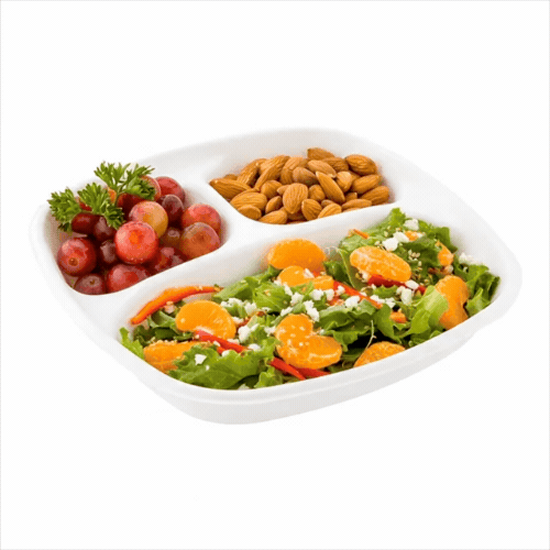 Pulp Tek 15 oz Square White Sugarcane / Bagasse Salad Plate - 3 Compartments - 8 3/4" x 8 3/4" x 1 1/4" - 100 count box