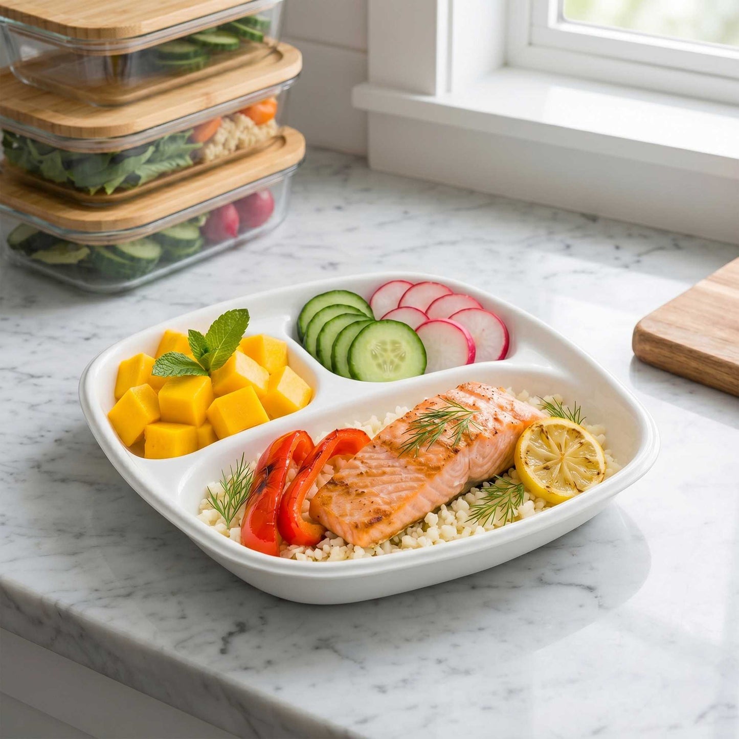 Pulp Tek 15 oz Square White Sugarcane / Bagasse Salad Plate - 3 Compartments - 8 3/4" x 8 3/4" x 1 1/4" - 100 count box