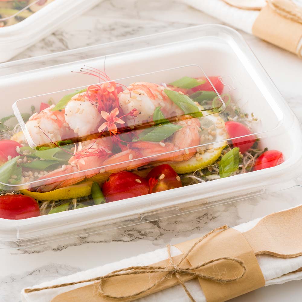 Pulp Tek Rectangle Clear Plastic Dome Lid - Fits 12 and 16 oz Bagasse Container - 100 count box