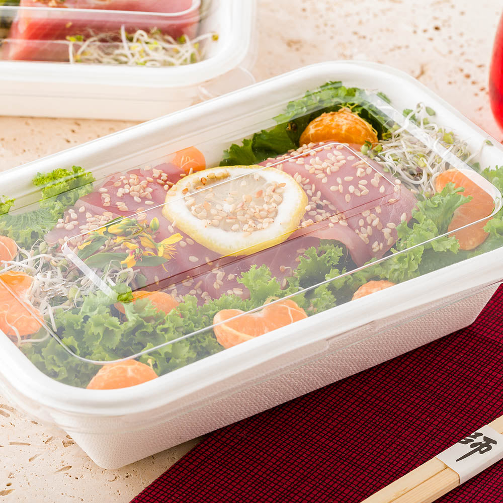Pulp Tek Rectangle Clear Plastic Flat Lid - Fits 24 and 32 oz Bagasse Container - 100 count box