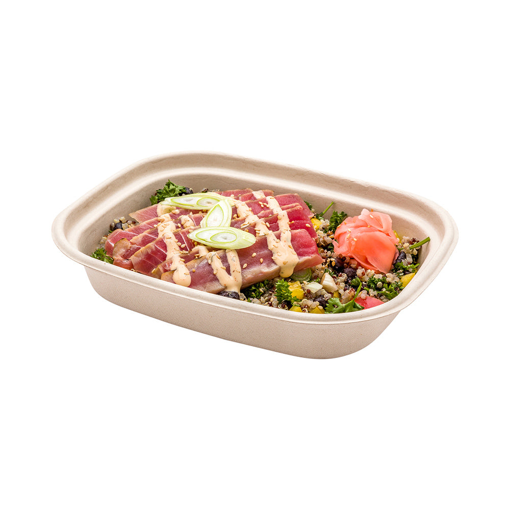 Pulp Tek 36 oz Rectangle Natural Sugarcane / Bagasse Container - 9" x 7" x 1 3/4" - 100 count box