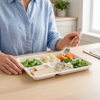 Pulp Tek Rectangle White Sugarcane / Bagasse Food Tray - 5 Compartments - 10 1/2" x 8 1/2" x 1" - 100 count box