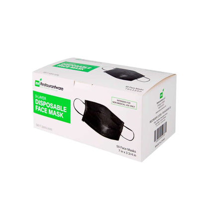 Clean Tek Professional Black Disposable Earloop Face Mask - 3-Layer Filtration - 7" x 3 3/4" - 50 count box