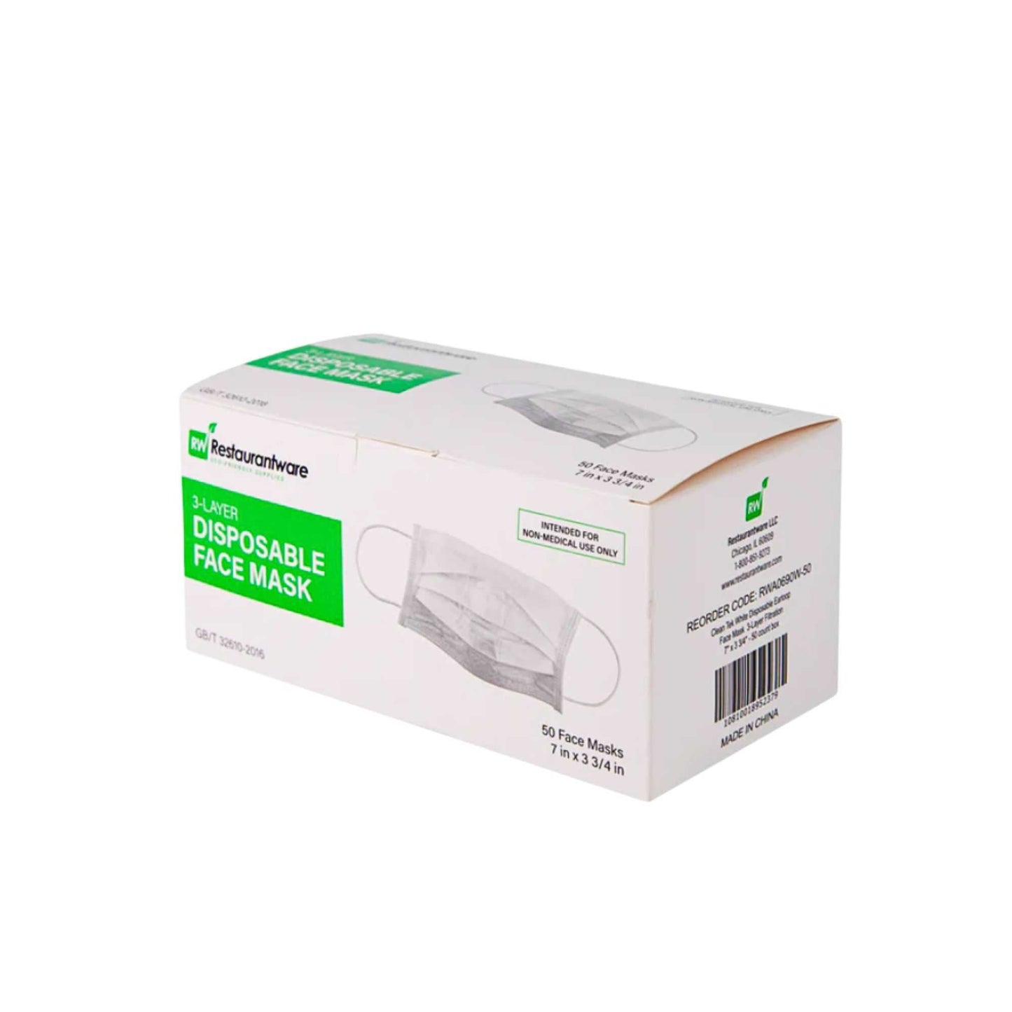 Clean Tek Professional White Disposable Earloop Face Mask - 3-Layer Filtration - 7" x 3 3/4" - 50 count box