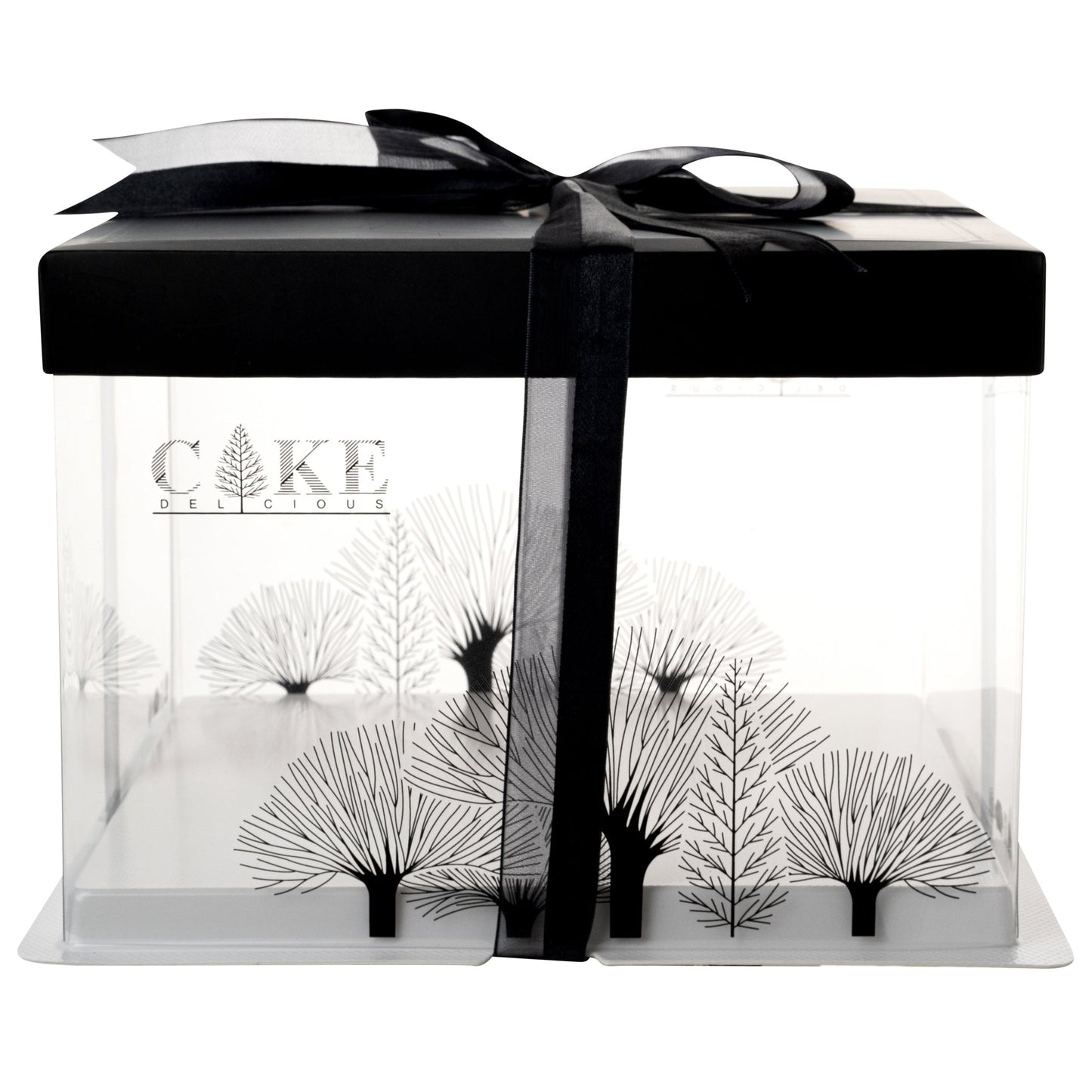 Sweet Vision Square Clear Plastic Cake Box - Black Lid and White Base, Black Ribbon, Tree Accent - 8 1/2" x 8 1/2" x 6 3/4" - 10 count box