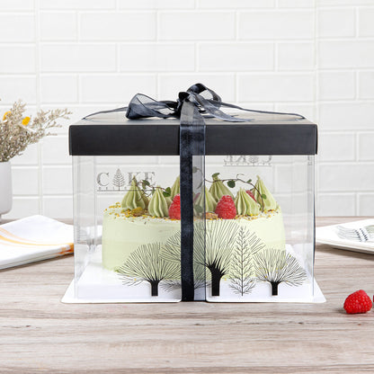 Sweet Vision Square Clear Plastic Cake Box - Black Lid and White Base, Black Ribbon, Tree Accent - 8 1/2" x 8 1/2" x 6 3/4" - 10 count box