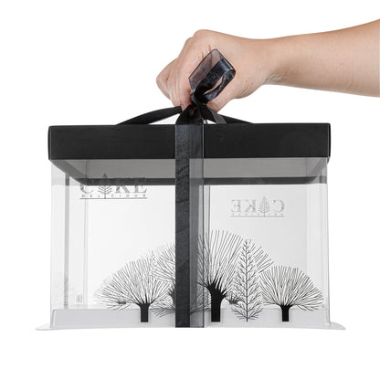 Sweet Vision Square Clear Plastic Cake Box - Black Lid and White Base, Black Ribbon, Tree Accent - 8 1/2" x 8 1/2" x 6 3/4" - 10 count box