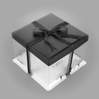 Sweet Vision Square Clear Plastic Cake Box - Black Lid and White Base, Black Ribbon, Tree Accent - 8 1/2" x 8 1/2" x 6 3/4" - 10 count box