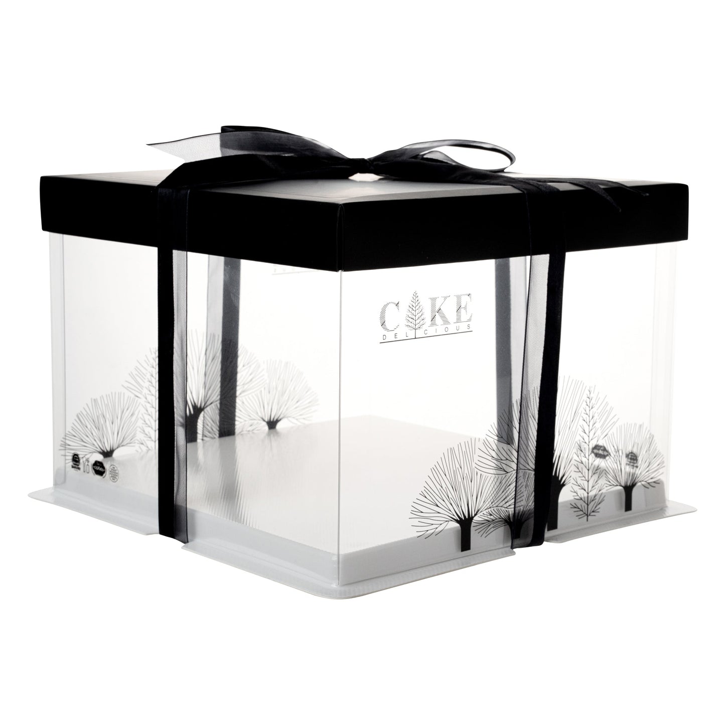 Sweet Vision Square Clear Plastic Cake Box - Black Lid and White Base, Black Ribbon, Tree Accent - 8 1/2" x 8 1/2" x 6 3/4" - 10 count box