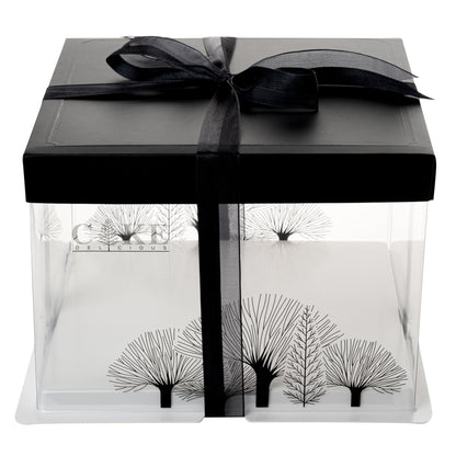 Sweet Vision Square Clear Plastic Cake Box - Black Lid and White Base, Black Ribbon, Tree Accent - 8 1/2" x 8 1/2" x 6 3/4" - 10 count box