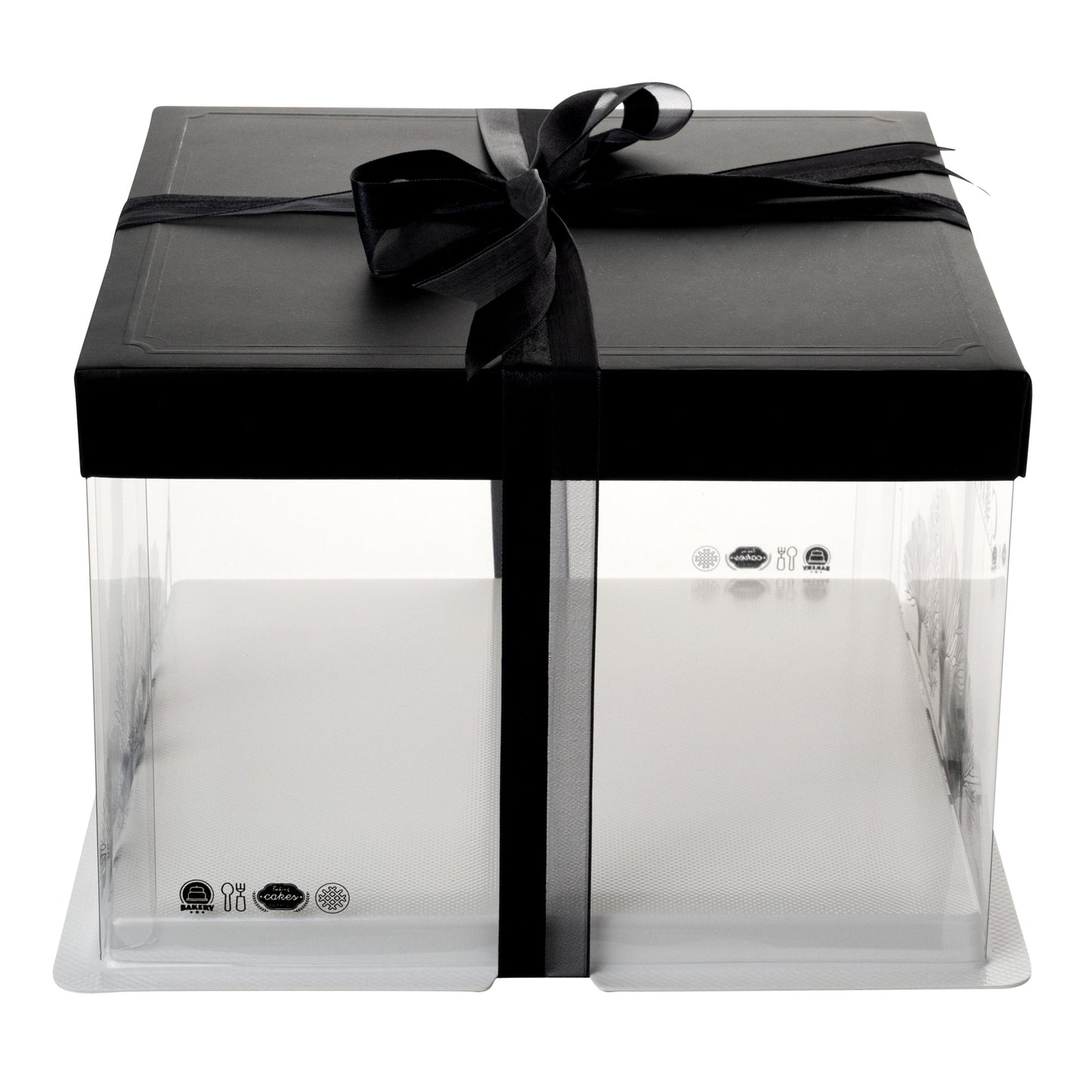 Sweet Vision Square Clear Plastic Cake Box - Black Lid and White Base, Black Ribbon, Tree Accent - 8 1/2" x 8 1/2" x 6 3/4" - 10 count box
