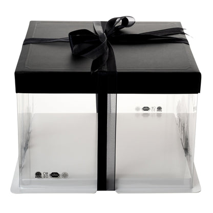Sweet Vision Square Clear Plastic Cake Box - Black Lid and White Base, Black Ribbon, Tree Accent - 8 1/2" x 8 1/2" x 6 3/4" - 10 count box