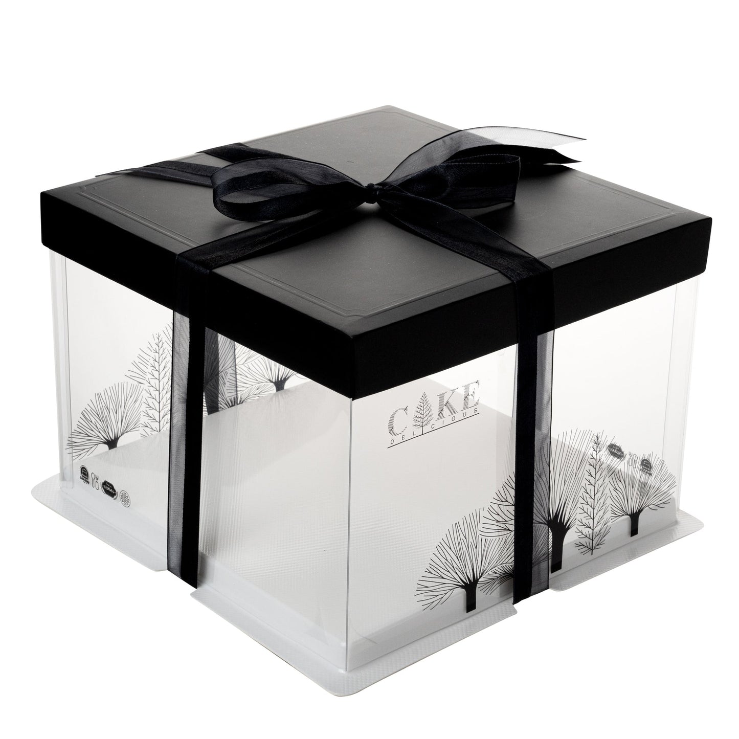Sweet Vision Square Clear Plastic Cake Box - Black Lid and White Base, Black Ribbon, Tree Accent - 8 1/2" x 8 1/2" x 6 3/4" - 10 count box