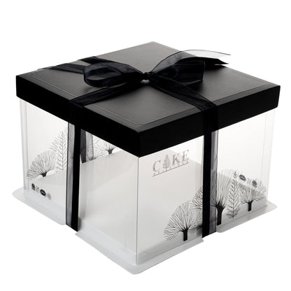 Sweet Vision Square Clear Plastic Cake Box - Black Lid and White Base, Black Ribbon, Tree Accent - 8 1/2" x 8 1/2" x 6 3/4" - 10 count box