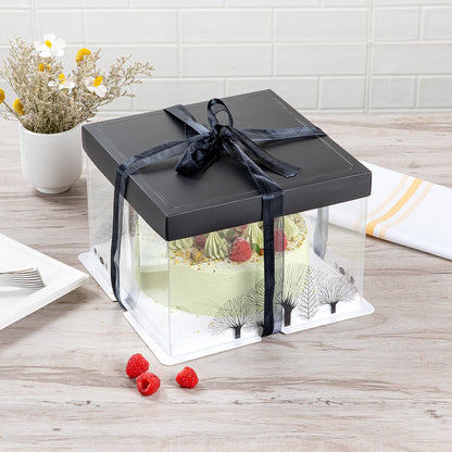 Sweet Vision Square Clear Plastic Cake Box - Black Lid and White Base, Black Ribbon, Tree Accent - 8 1/2" x 8 1/2" x 6 3/4" - 10 count box