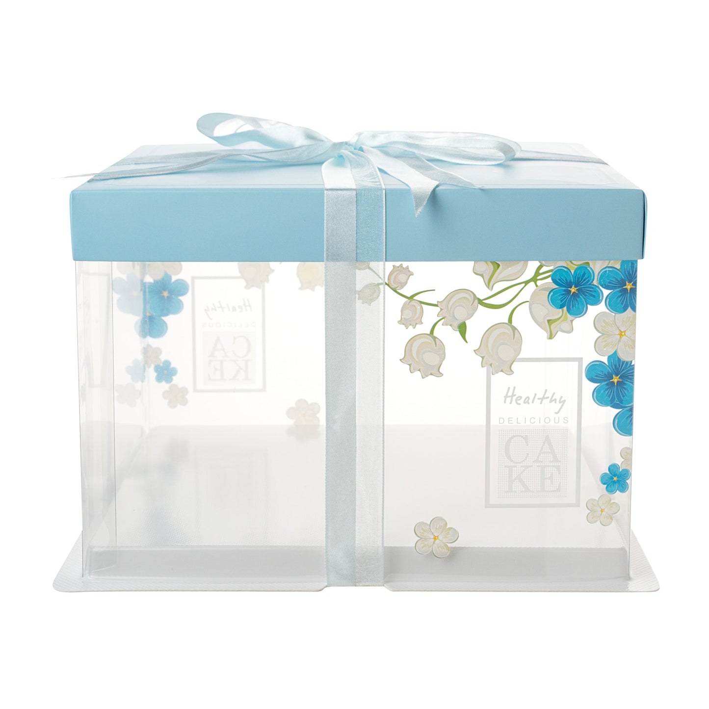 Sweet Vision Square Clear Plastic Cake Box - Blue Lid and White Base, Blue Ribbon, Flower Accent - 8 1/2" x 8 1/2" x 6 3/4" - 10 count box