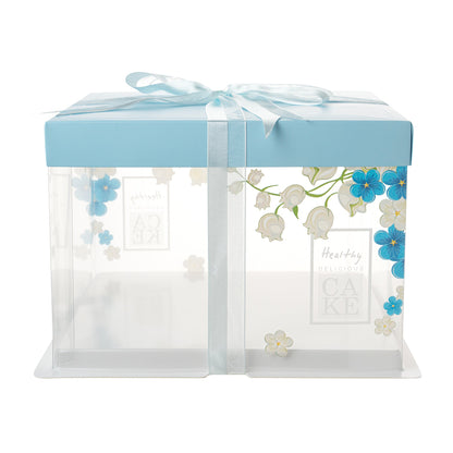 Sweet Vision Square Clear Plastic Cake Box - Blue Lid and White Base, Blue Ribbon, Flower Accent - 8 1/2" x 8 1/2" x 6 3/4" - 10 count box