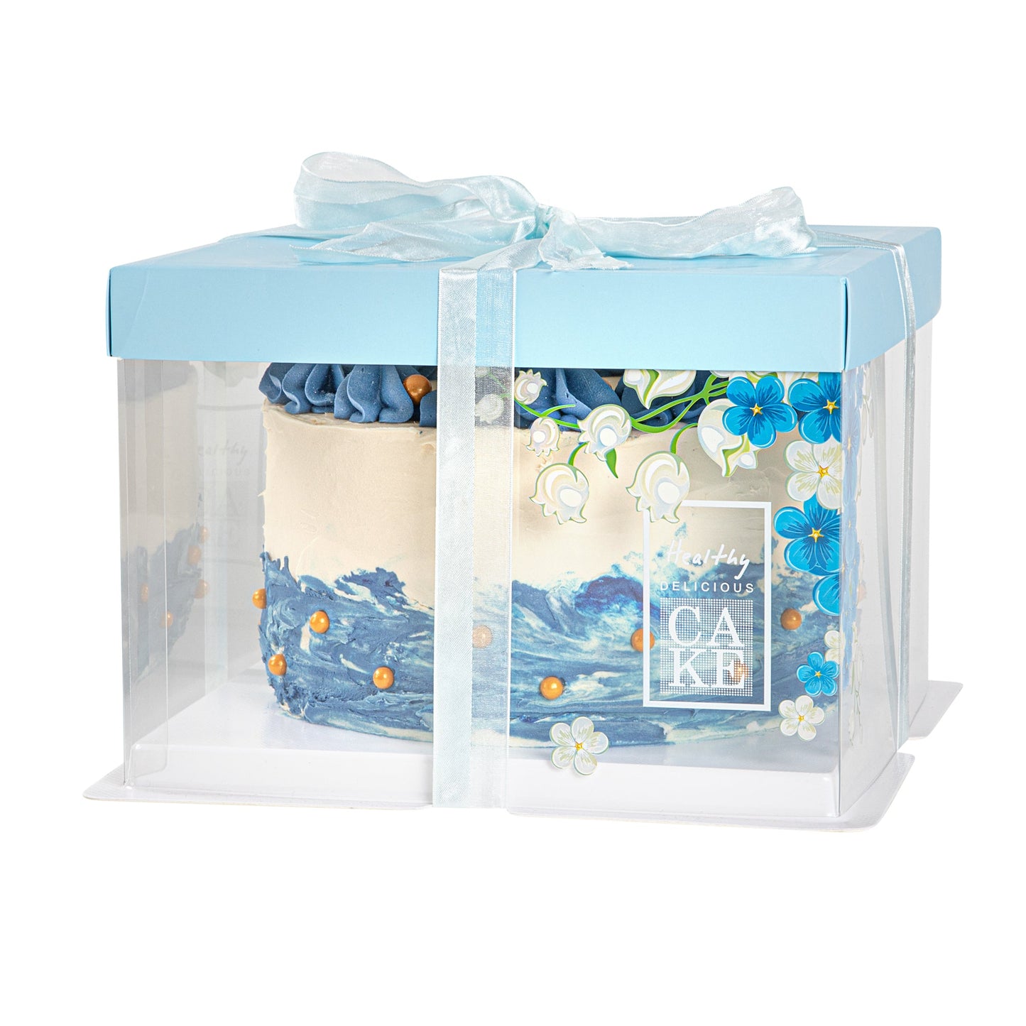 Sweet Vision Square Clear Plastic Cake Box - Blue Lid and White Base, Blue Ribbon, Flower Accent - 8 1/2" x 8 1/2" x 6 3/4" - 10 count box